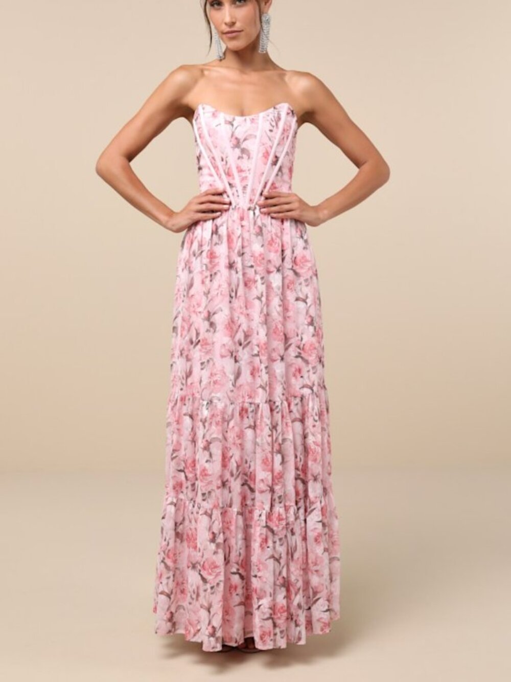 Lulus Special Moment Pink Floral Strapless Bustier Maxi Dress - Size 1X